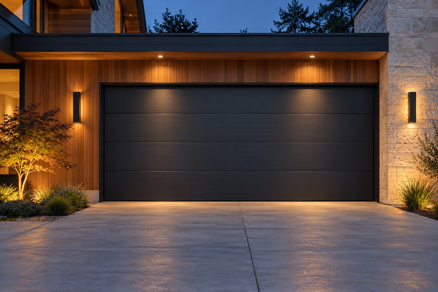 Illustrative modern charcoal garage door framed by cedar and limestone at dusk